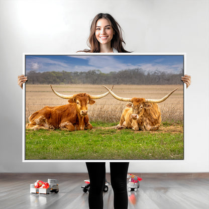 Two longhorn cows lying on green grass in front of a golden field and trees under a blue sky, perfect for rustic country wall decor.