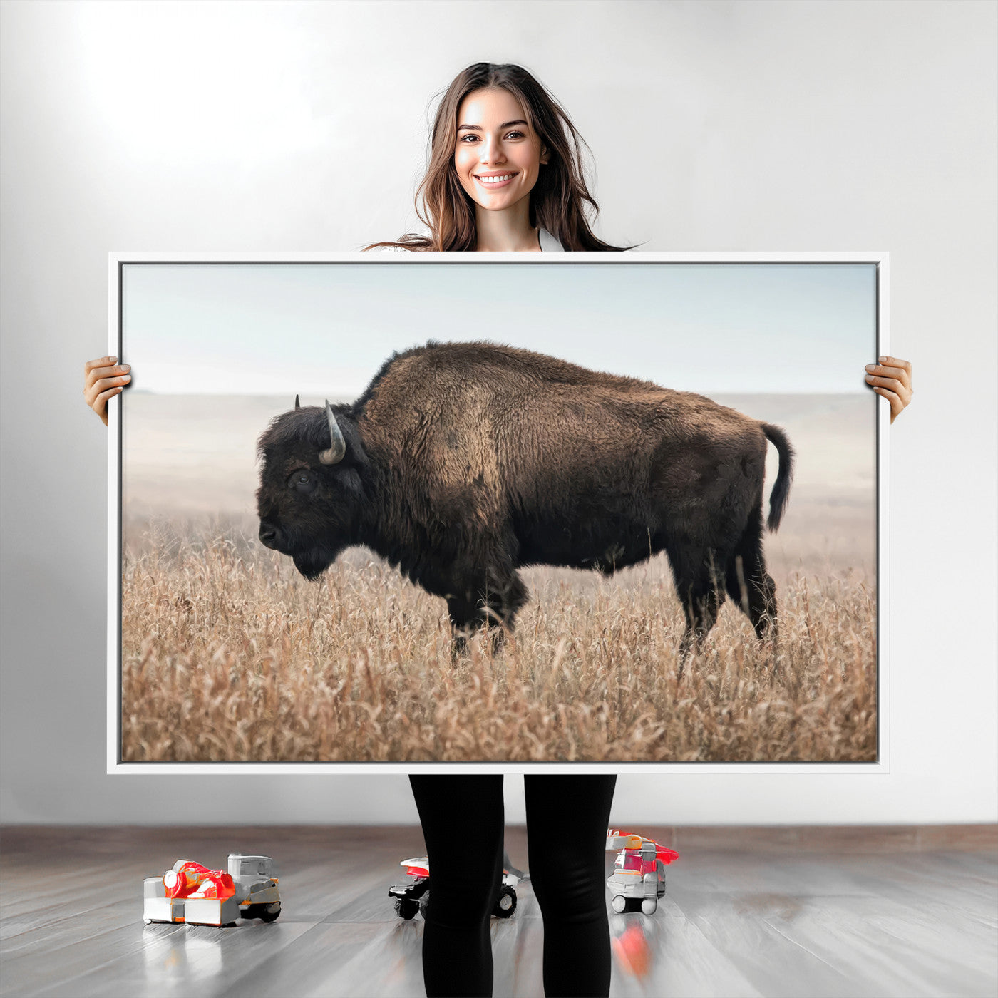 A lone bison stands in a vast prairie under a soft sky, evoking freedom and rustic charm for western or farmhouse inspired interiors.