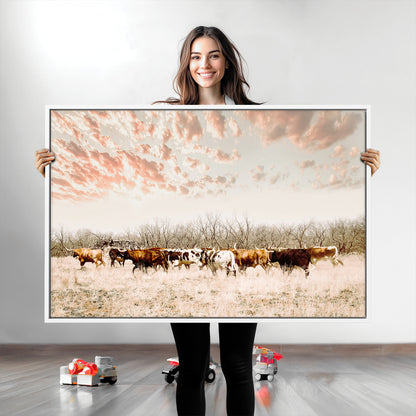 Cattle herd in a soft-toned field under a pastel pink sky, creating a peaceful rustic feel, perfect for farmhouse or western-themed spaces.