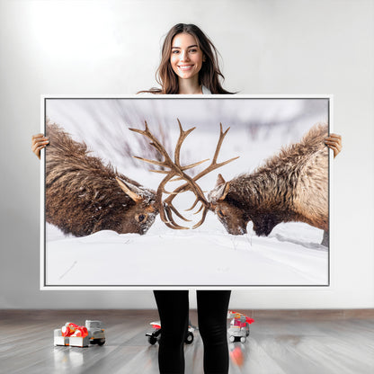 Two elk clashing antlers in a snowy forest, capturing raw power and wild energy, ideal for rustic cabin or lodge-style decor.