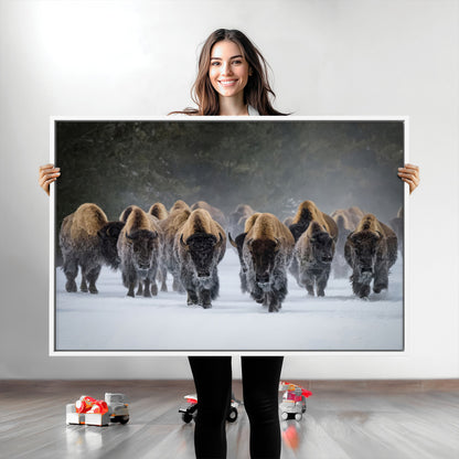 A herd of American bisons walking through deep snow in a forest, evoking a powerful rustic wilderness mood for western-style interiors.