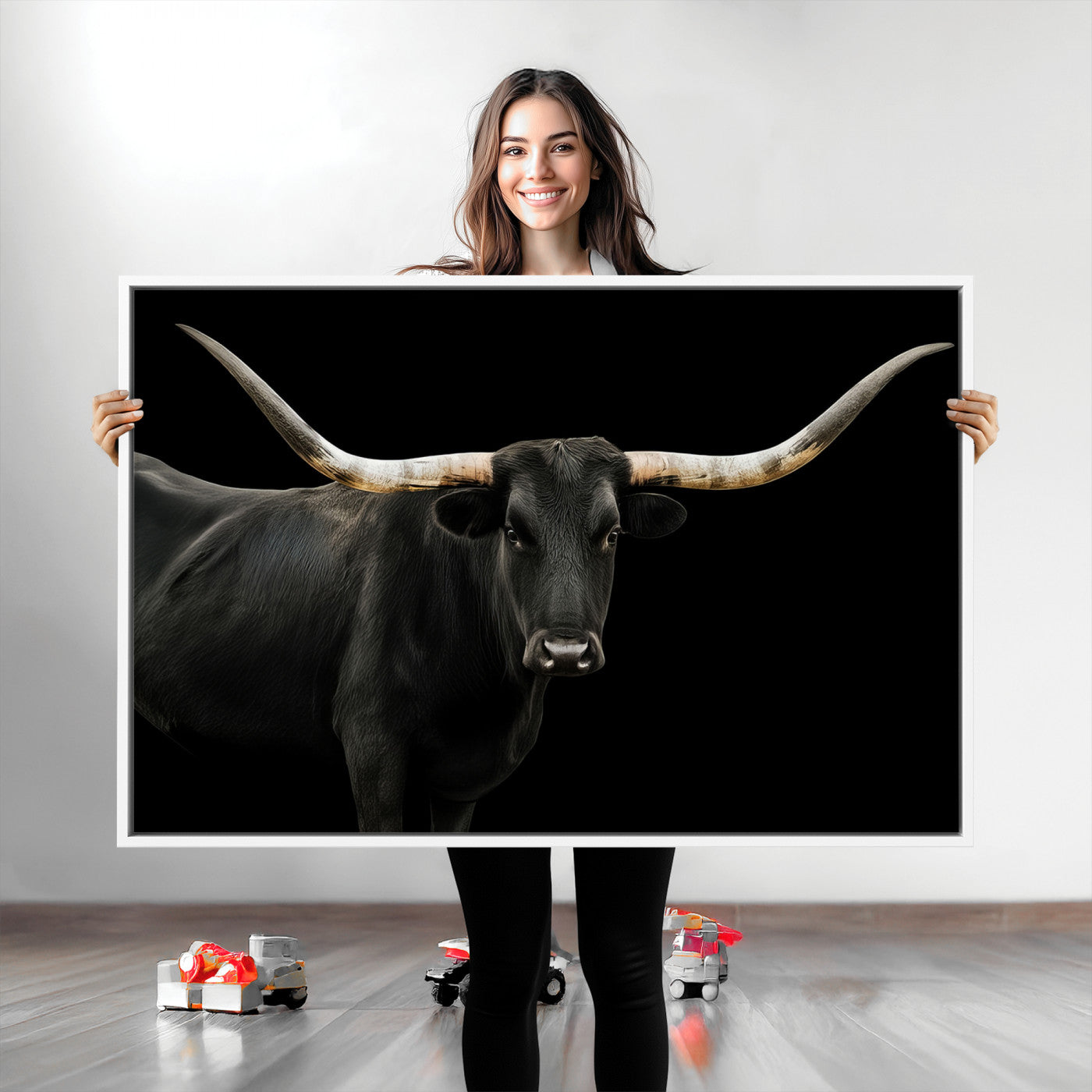 Close-up of a black Texas longhorn with large curved horns on black background, ideal for rustic farmhouse or modern western interiors.