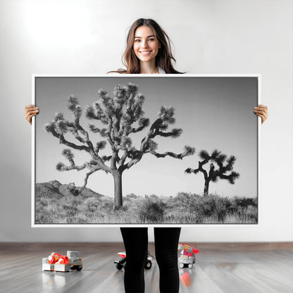Black and white Joshua trees in a rugged desert landscape, creating a calm and minimalist feel for natural or rustic-themed interiors.