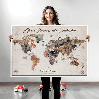 96000140-MGV-CV-36X24-Custom Push Pin World Map Wall Canvas Print – Personalized Travel Tracker with Pins – Framed Large Multi-Size Canvas for Home Office Decor