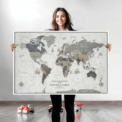 24596128-MGV-CV-36X24-Custom Push Pin World Map Wall Canvas Print – Personalized Travel Tracker with Pins – Framed Large Multi-Size Canvas for Home Office Decor