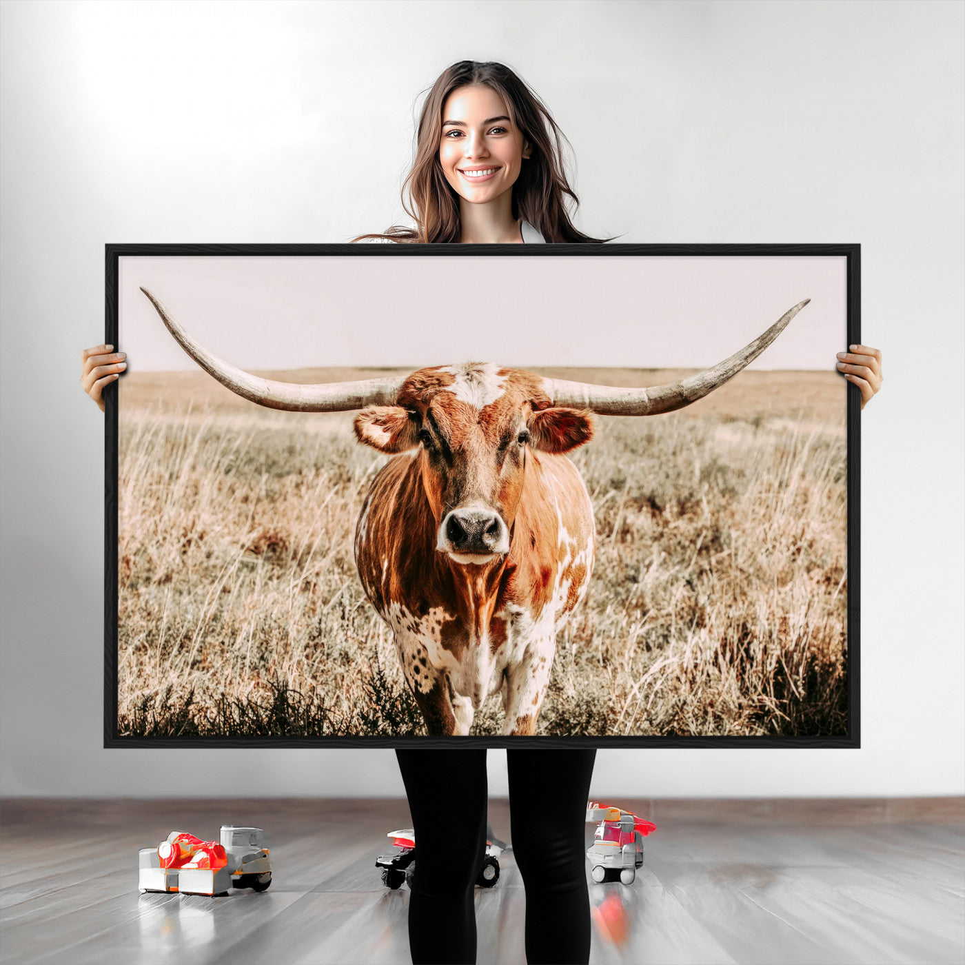 Framed longhorn cow canvas wall art with rustic prairie background, western animal print perfect for farmhouse or ranch style decor