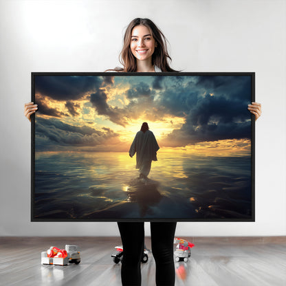 Spiritual artwork of Jesus walking on water at golden hour with divine light, ideal for Christian home decor or prayer room.