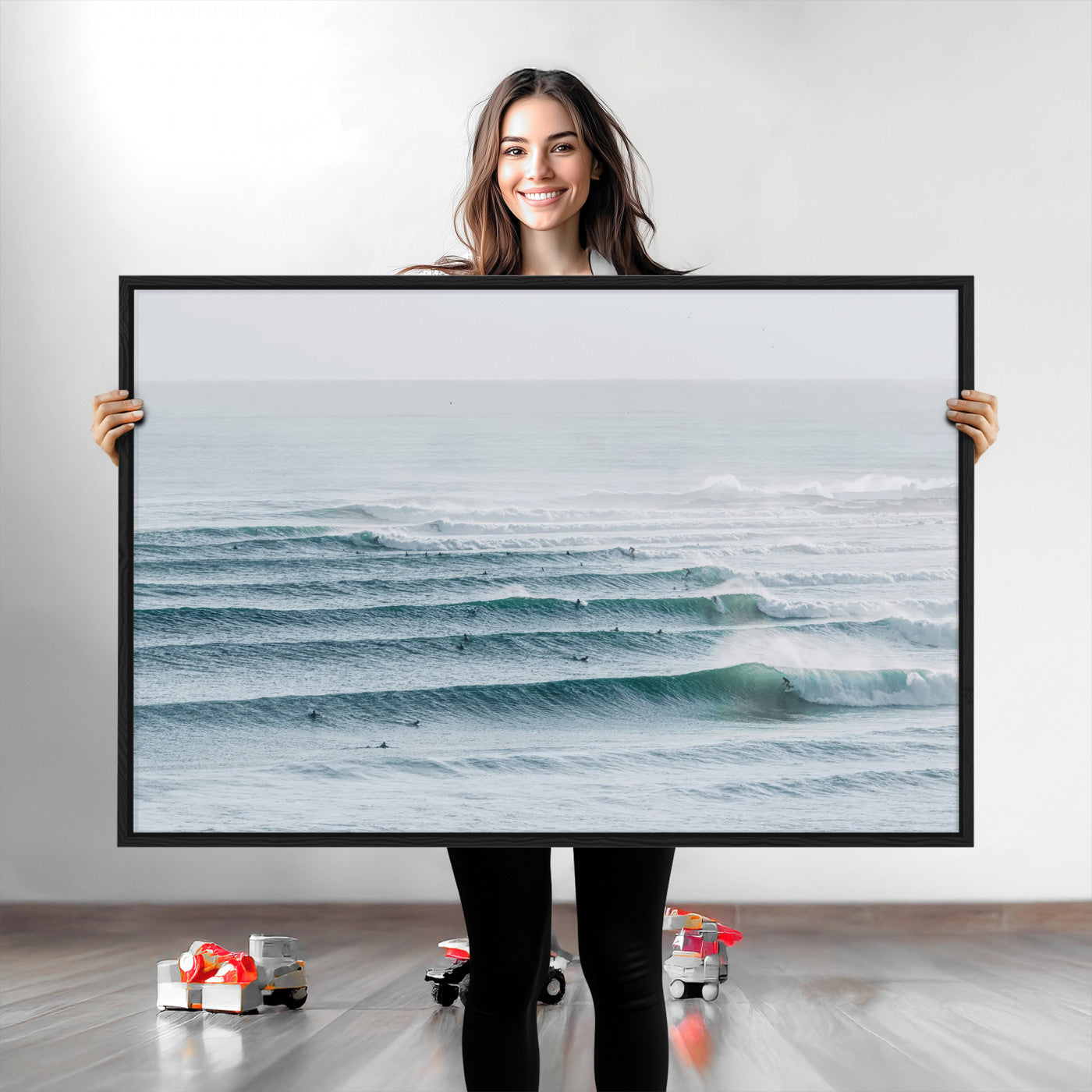 High-angle view of surfers lining up across layered ocean waves, ideal for minimal coastal or surf-inspired room decor.
