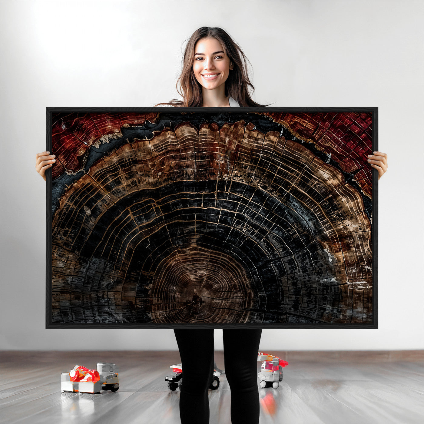 Dark Wood Wall Art Print - Petrified Tree Canvas Print, featuring an intricate tree ring pattern with deep earthy tones and organic textures, perfect for rustic and nature-inspired decor.