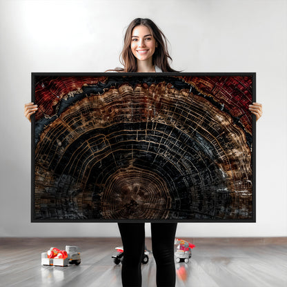 Dark Wood Wall Art Print - Petrified Tree Canvas Print, featuring an intricate tree ring pattern with deep earthy tones and organic textures, perfect for rustic and nature-inspired decor.