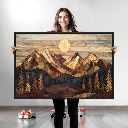 Mountain Landscape Wall Art Print - Sunset Hills Canvas Print, featuring an abstract nature scene with earthy tones and misty peaks, perfect for boho and modern decor.