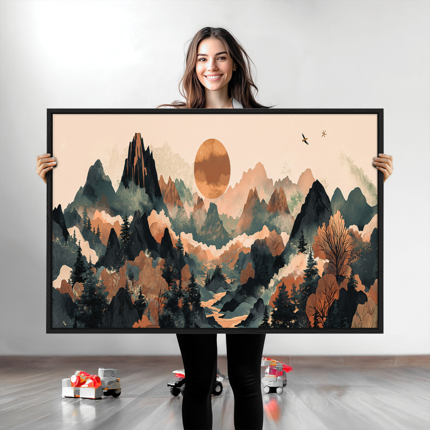 Mountain Landscape Wall Art Print - Sunset Hills Canvas Print, featuring an abstract nature scene with earthy tones and misty peaks, perfect for boho and modern decor.