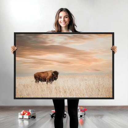 Bison Wall Art Print - Buffalo Canvas Print, featuring a lone bison in a golden prairie under a warm sunset sky, perfect for rustic and farmhouse decor.