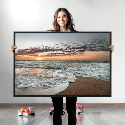 Ocean Sunset Wall Art Print - Beach Waves Canvas Print, featuring a serene seascape with golden sunlight reflecting on gentle waves, perfect for coastal and minimalist decor.
