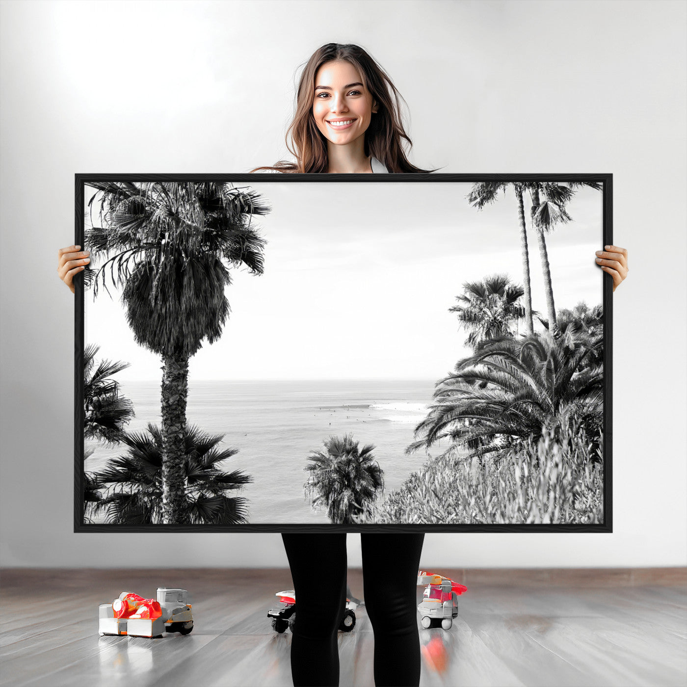 Monochrome canvas of palm trees framing a coastal surf scene, perfect for California-inspired or retro black-and-white beach decor.