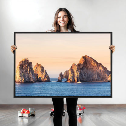 Framed canvas of El Arco rock formation in Cabo San Lucas at golden hour, ideal for coastal landmark or ocean-inspired decor.