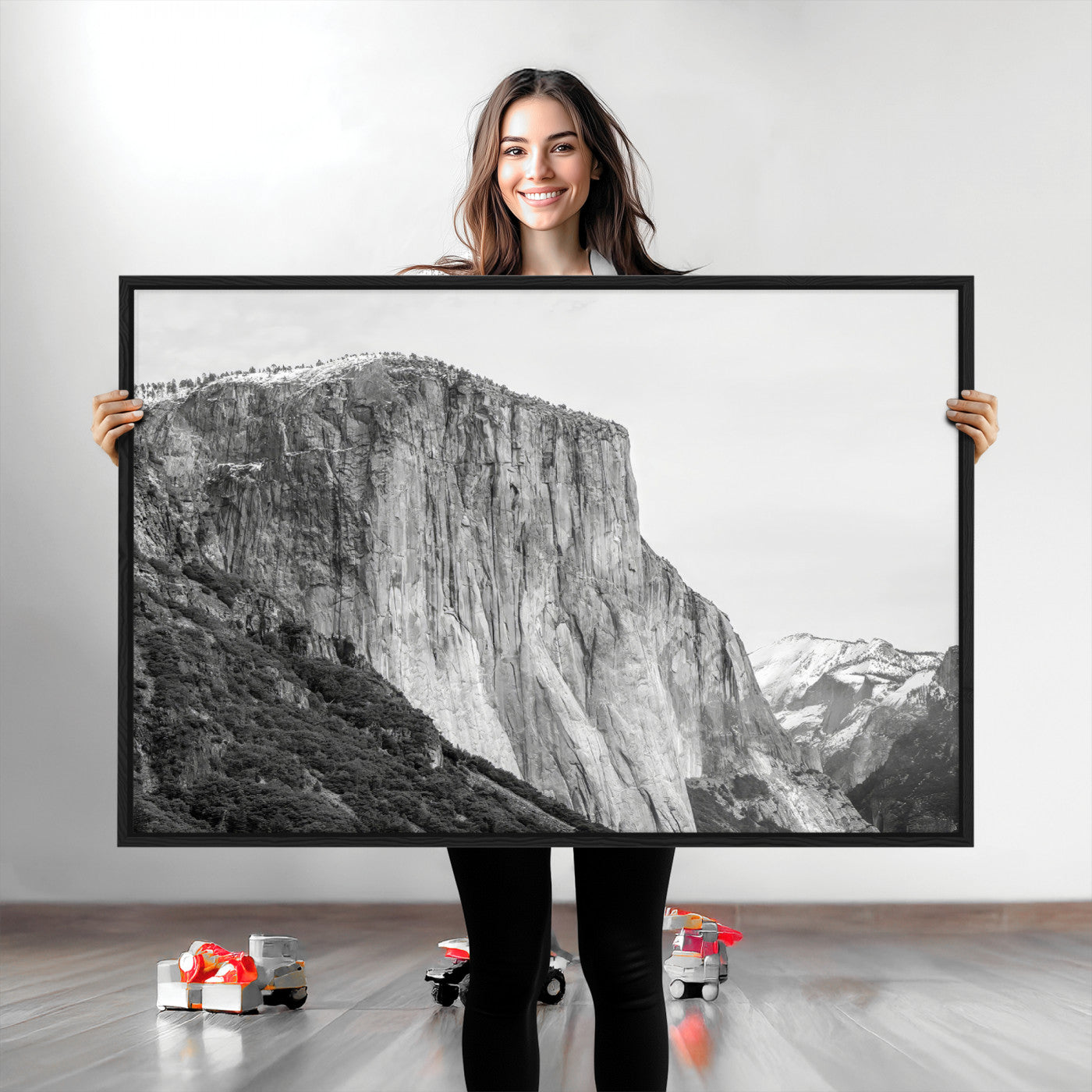 Monochrome canvas of El Capitan’s granite wall in Yosemite with snowy peaks, ideal for dramatic mountain or black-and-white nature decor.