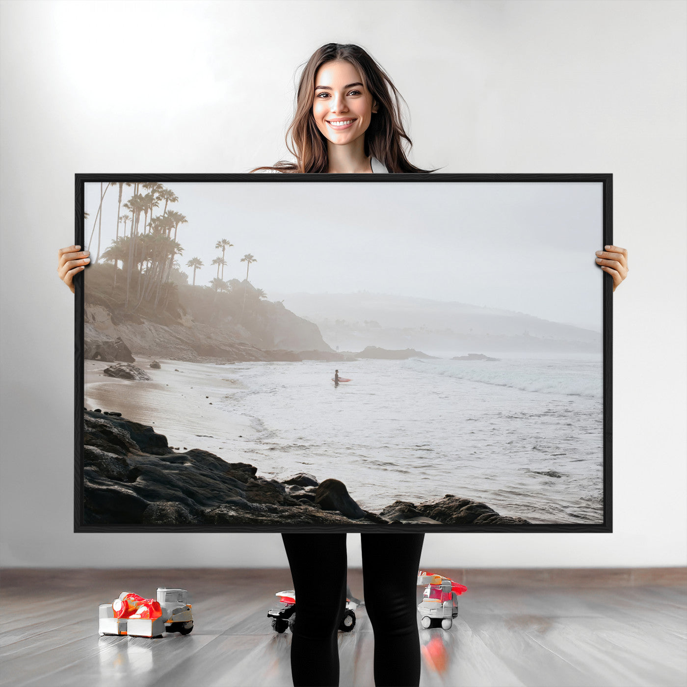 Framed canvas of a surfer in misty coastal tones at a foggy California beach, ideal for minimalist coastal beach or serene ocean-themed decor.