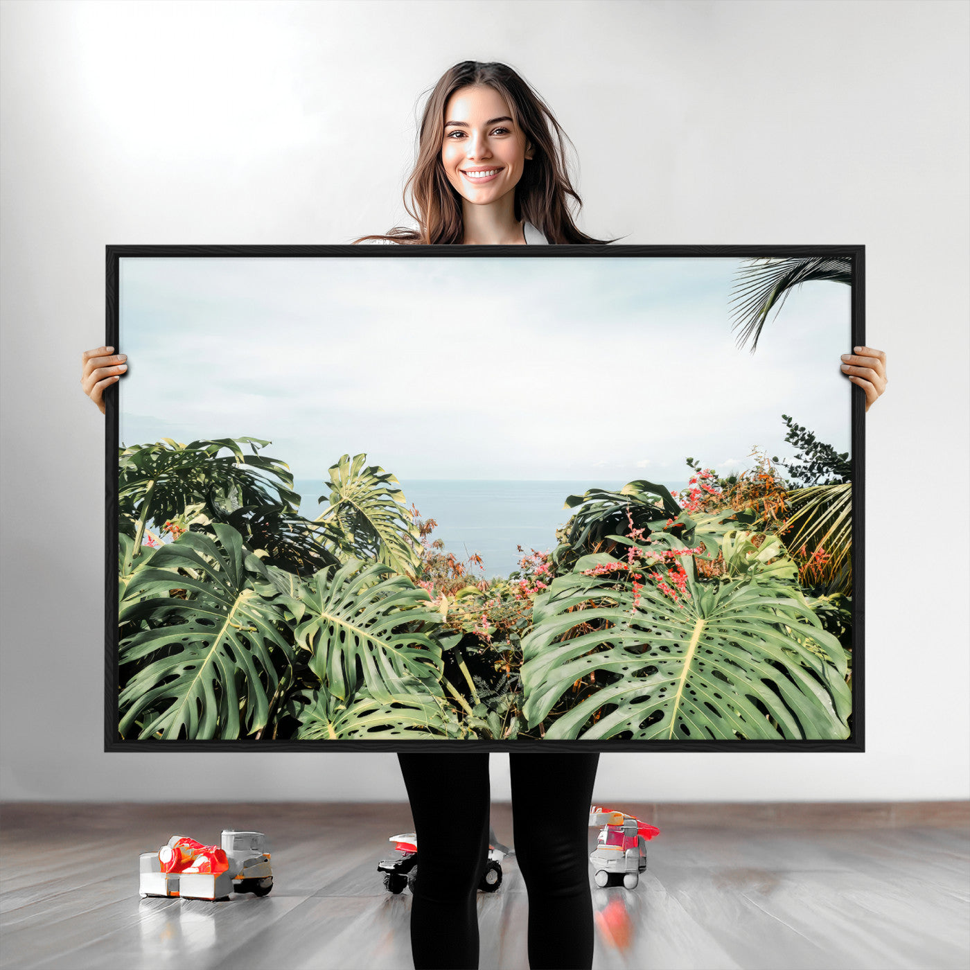 Monstera leaves and tropical flowers framing a calm ocean view, ideal for tropical coastal or exotic jungle-style interior wall decor.
