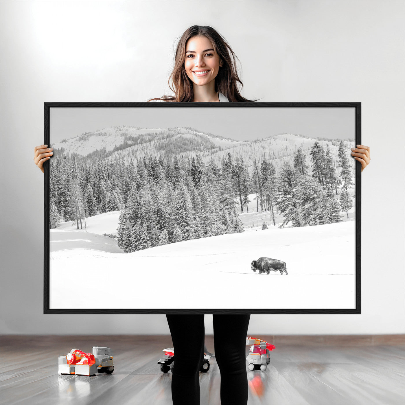 Snowy bison walking through white forest landscape, ideal for monochrome winter or wilderness-style interior wall decoration.