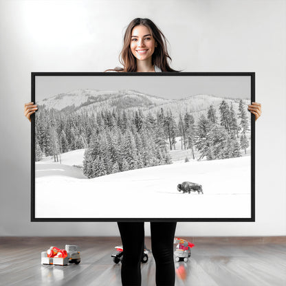 Snowy bison walking through white forest landscape, ideal for monochrome winter or wilderness-style interior wall decoration.
