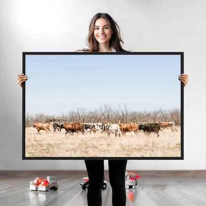Framed wall art of Texas longhorn cattle walking through a dry, neutral-toned prairie, perfect for rustic farmhouse or western-themed home decor.