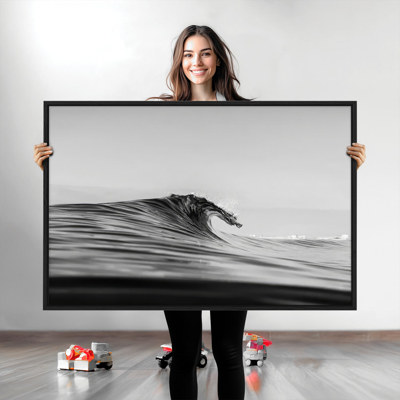 Striking black and white photo of a curling wave, ideal for modern coastal or minimalist wall decor settings.