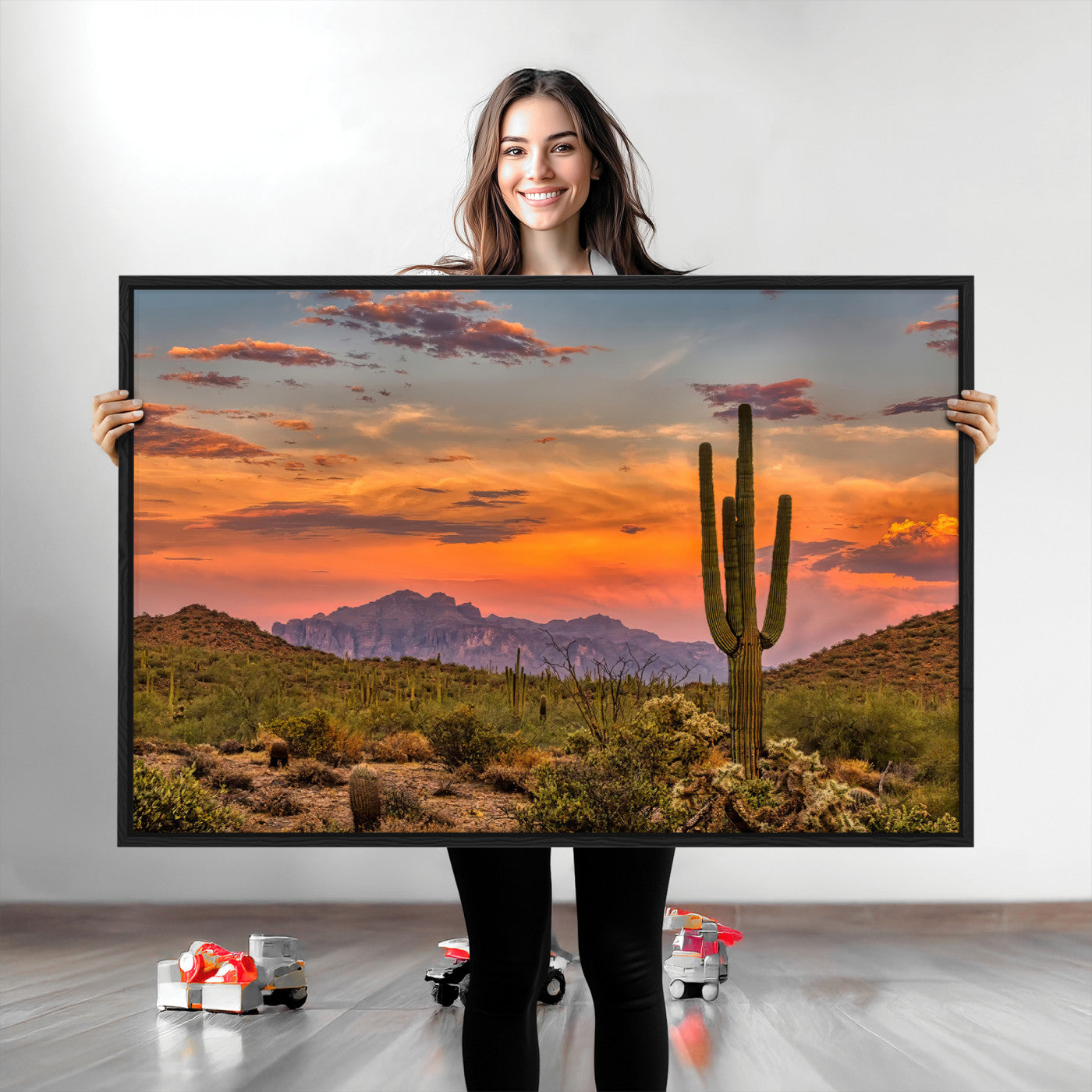 Vibrant desert sunset with saguaro cacti and distant mountains, perfect for Southwestern or warm-toned home decor.