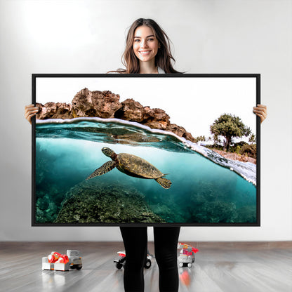 Dynamic split-view photo of a sea turtle swimming near rocky shores, perfect for vibrant coastal or tropical beach home decor.