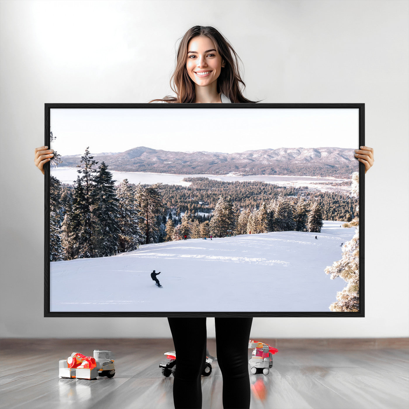 Canvas of a snowy mountain ski slope with pine trees and bright winter light, ideal for modern rustic or alpine-inspired home decor.