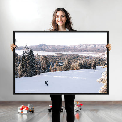 Canvas of a snowy mountain ski slope with pine trees and bright winter light, ideal for modern rustic or alpine-inspired home decor.