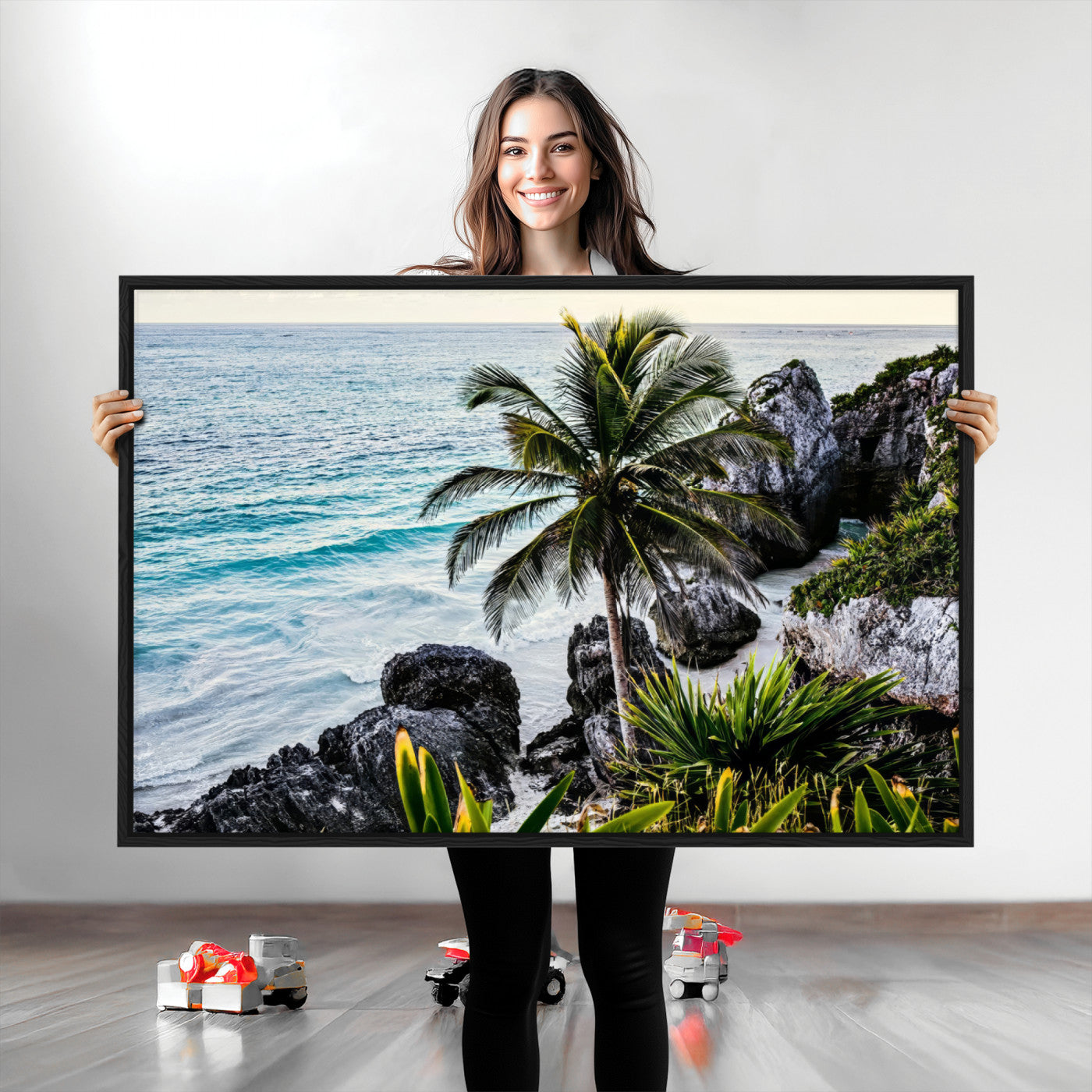 Framed canvas of a vibrant tropical coastline with palm trees, rocky cliffs, and turquoise waters, ideal for tropical coastal home decor.
