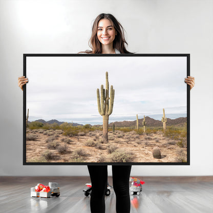 Canvas of a saguaro cactus in an earthy Sonoran desert landscape, ideal for Southwestern Boho or desert minimalism inspired home decor.   2/2