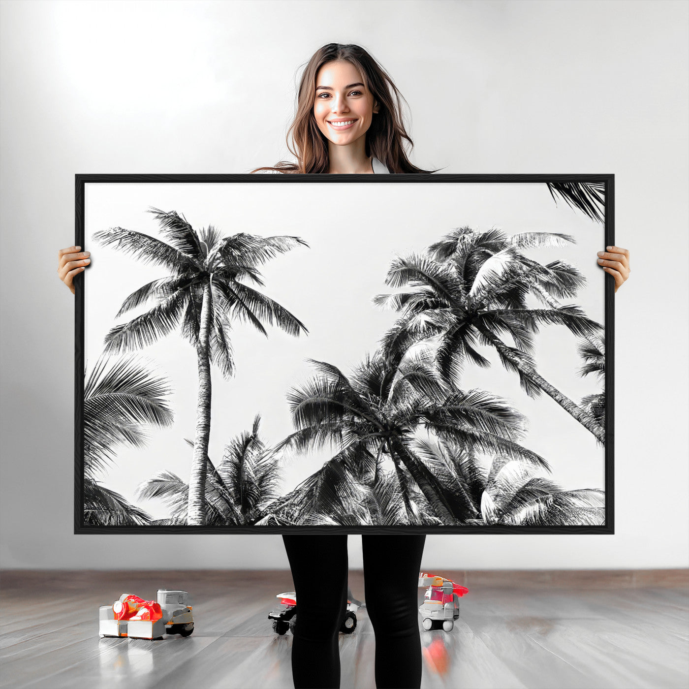 Black and white canvas of tall palm trees in moody tones, perfect for modern tropical minimalist or coastal-style home decor.