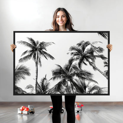 Black and white canvas of tall palm trees in moody tones, perfect for modern tropical minimalist or coastal-style home decor.