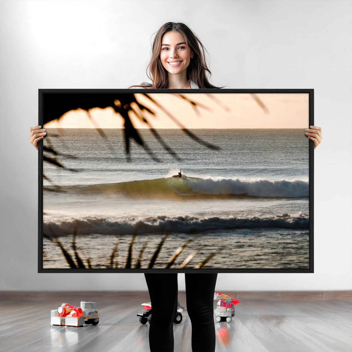 Photo of a surfer riding a golden hour wave at sunset, with tropical tones and dreamy light, perfect for tropical boho or coastal home decor.
