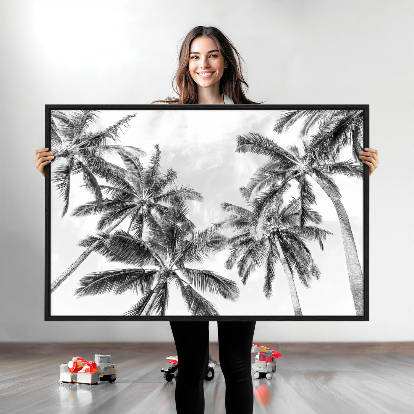 Black and white tropical palm trees viewed from below, swaying gently against a bright sky, creating a serene and elegant coastal atmosphere.