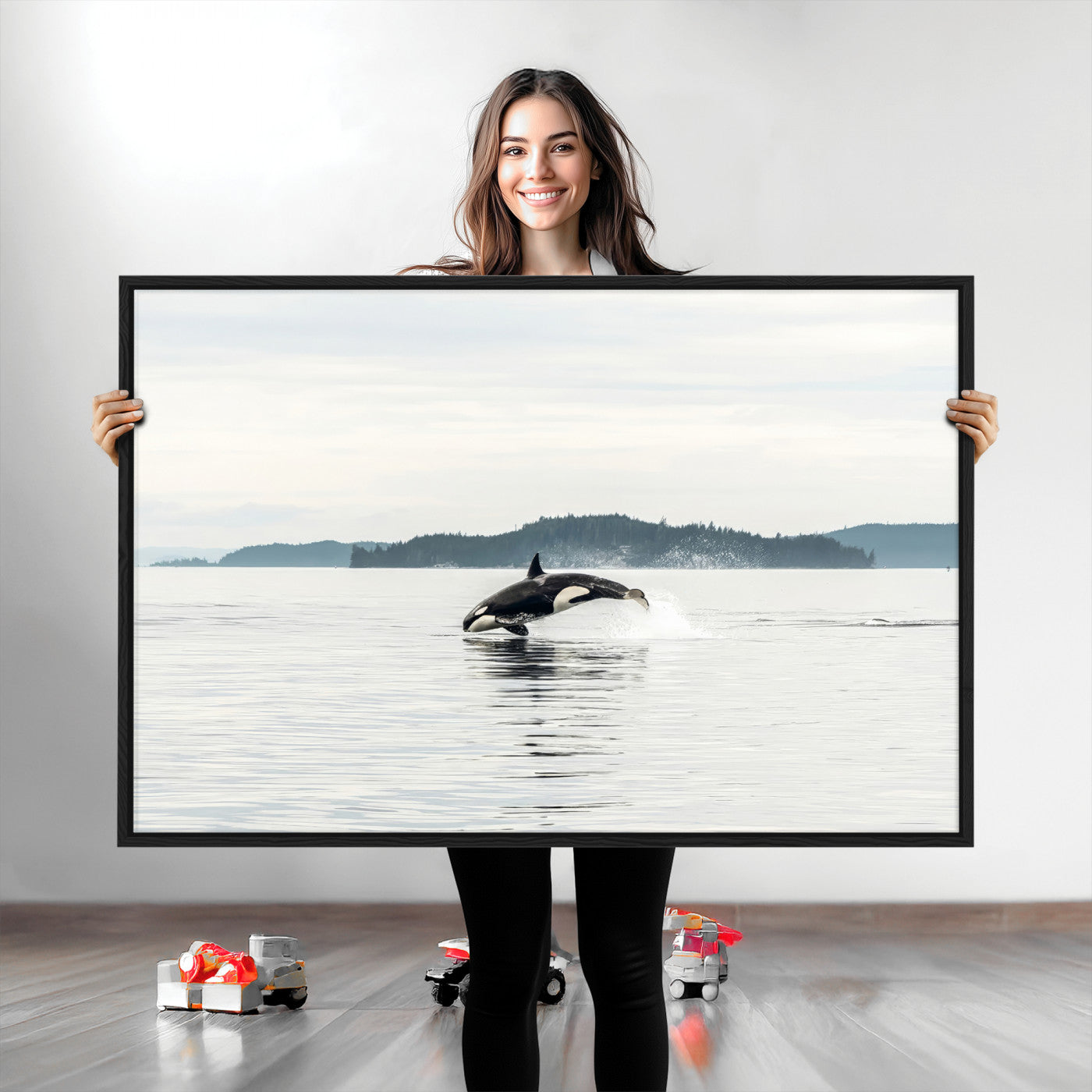 An orca jumping out of calm ocean waters with a misty island in the background, creating a serene and minimalist marine wildlife scene.