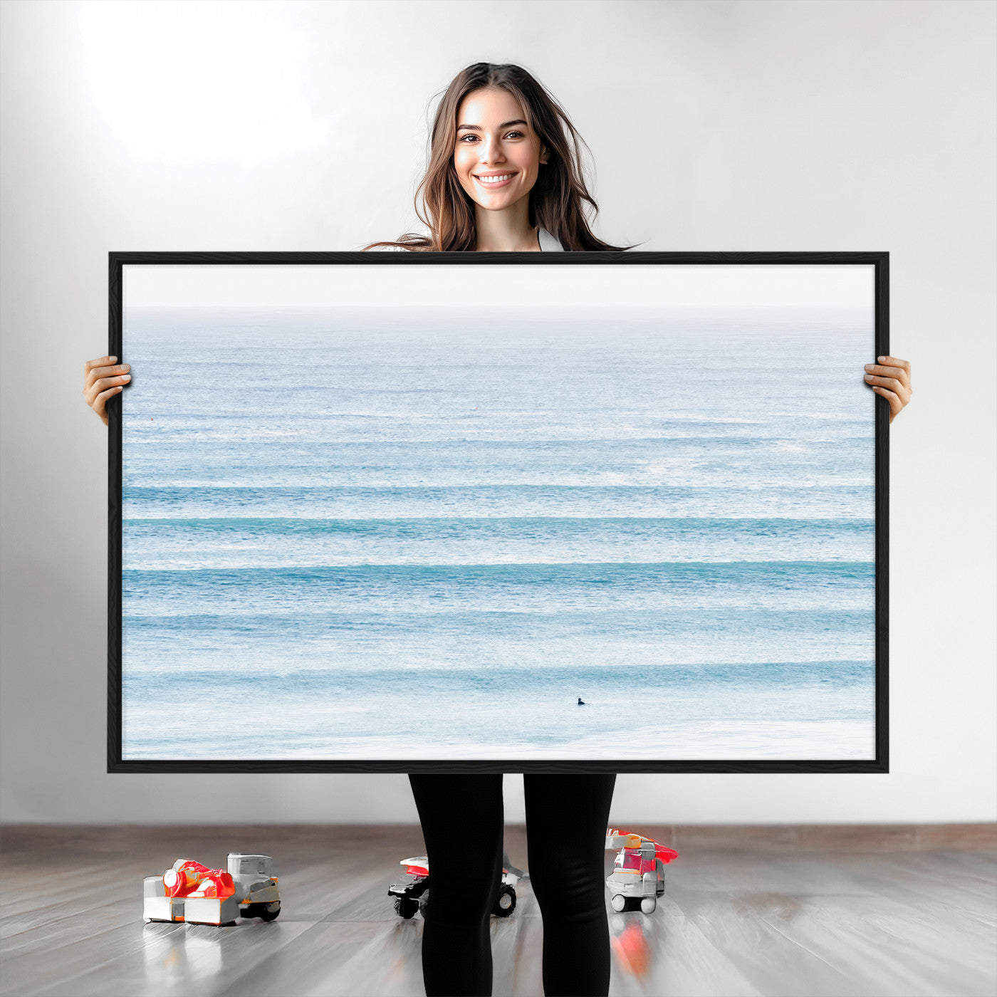 Minimalist ocean view with soft blue waves and a lone surfer, creating a serene and airy coastal aesthetic, perfect for tranquil home decor.