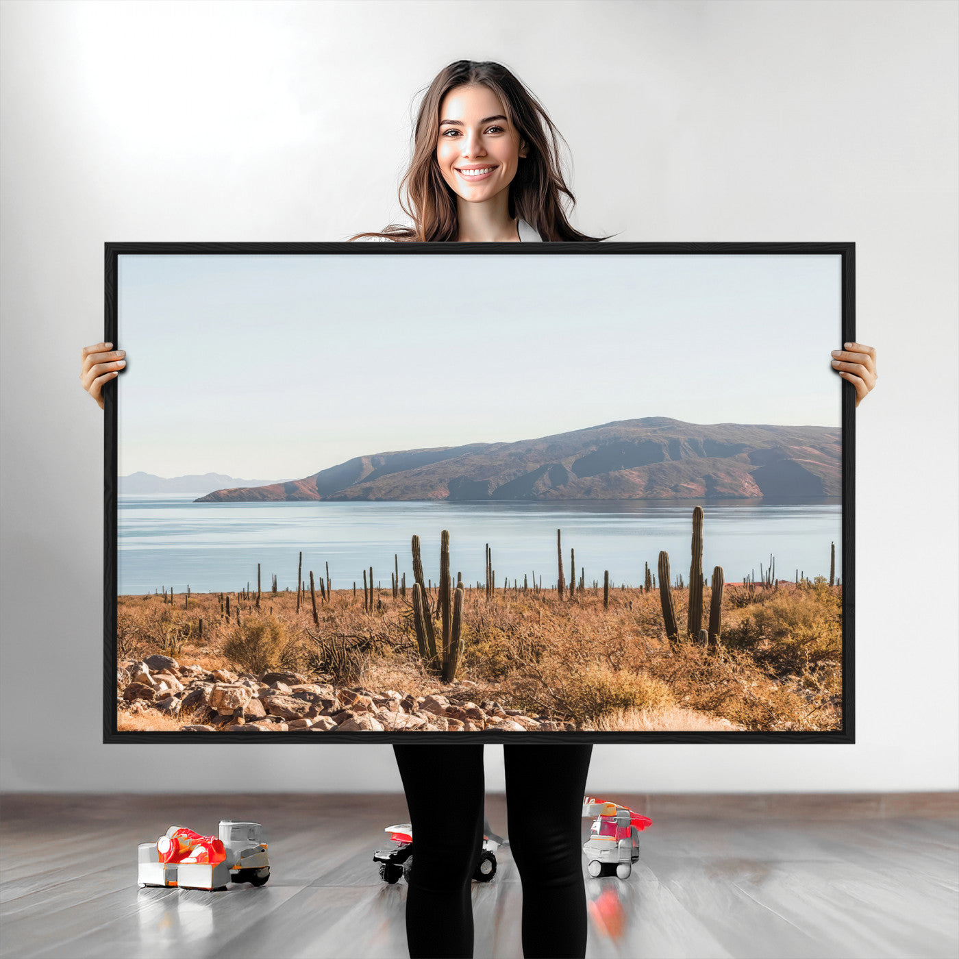 Warm desert landscape with cacti and coastal mountains, perfect for southwestern or earthy calm-themed home wall decor.