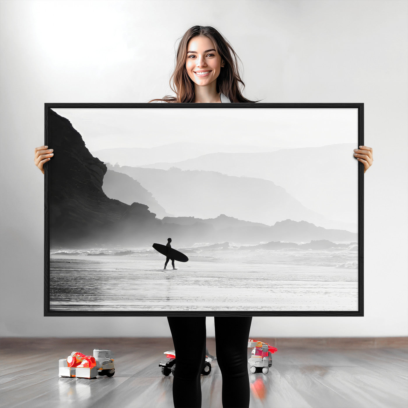A lone surfer walking along a misty beach with cliffs in the background, carrying their board, capturing a serene and minimal ocean moment.
