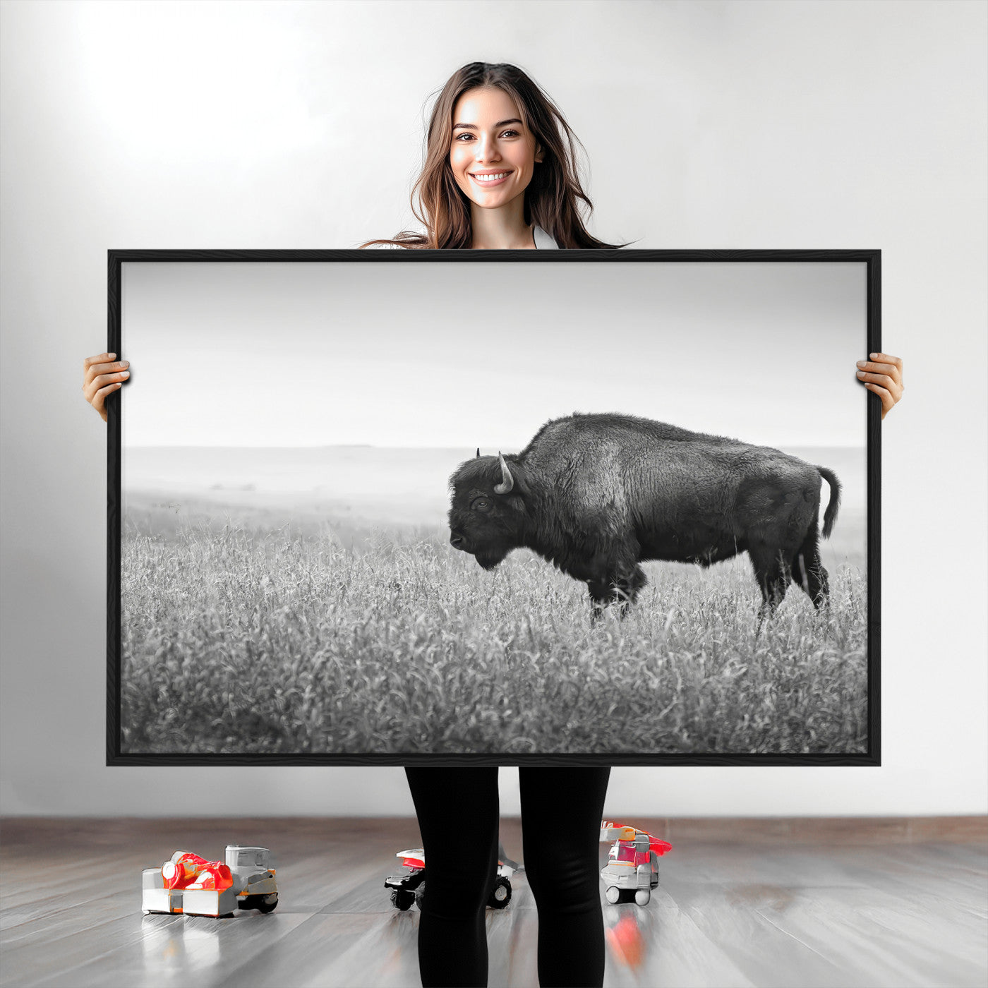 A black and white photograph of a majestic bison standing in a vast grassy prairie, evoking a sense of wilderness and strength.