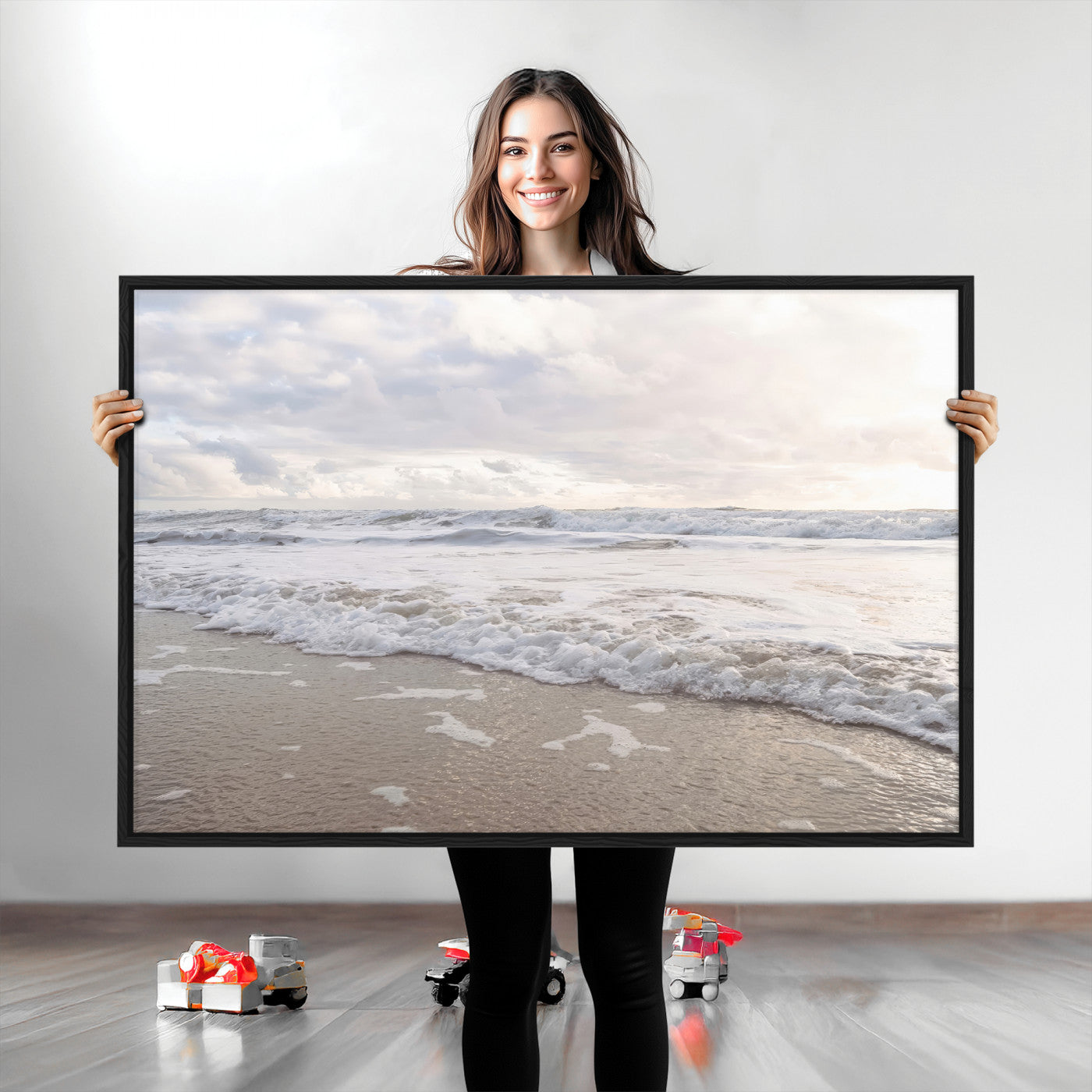 Peaceful ocean waves rolling onto the sandy shore under soft light, perfect for neutral or coastal minimalist decor themes.