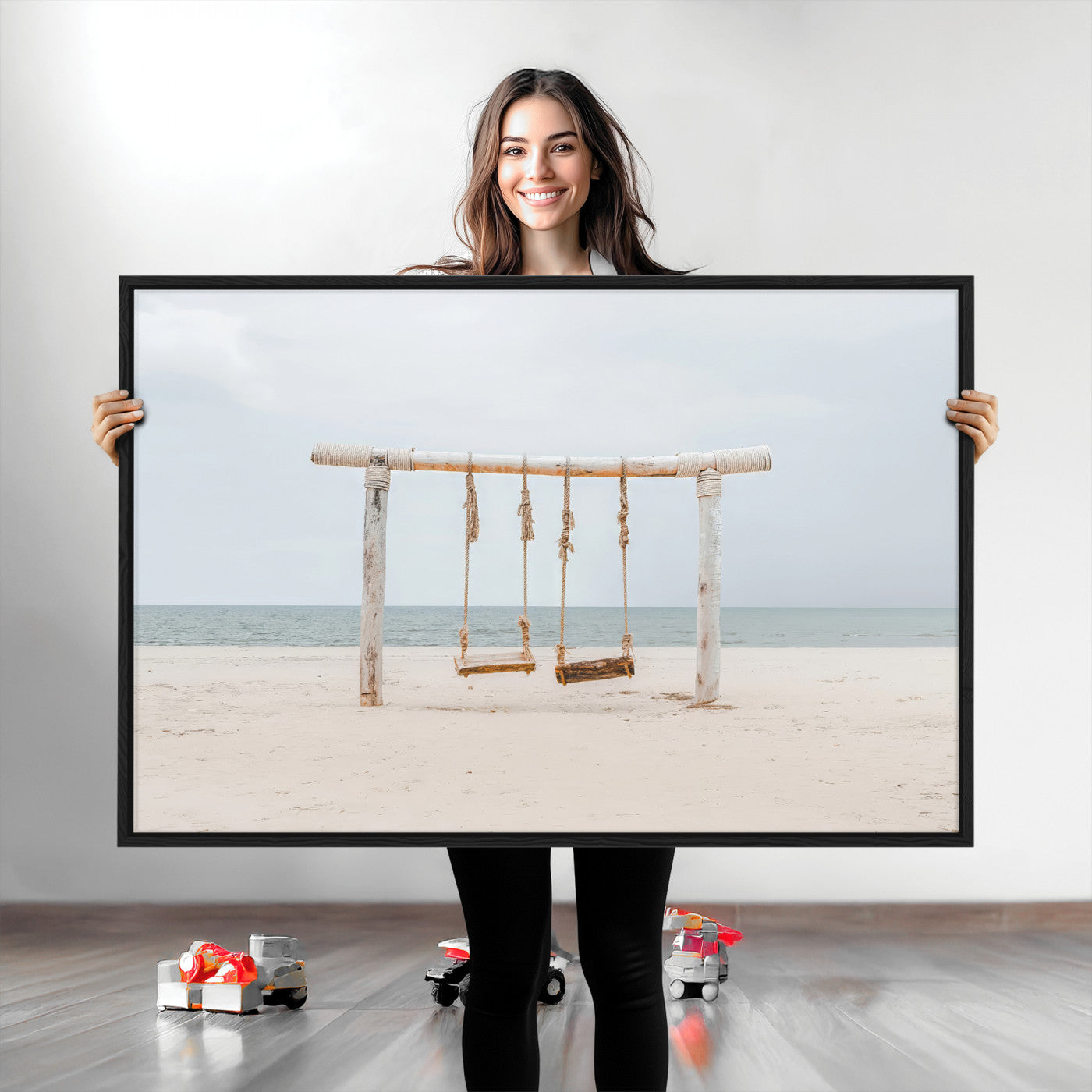 A rustic wooden beach swing stands on a serene sandy shore with an ocean horizon in the background, creating a tranquil and dreamy coastal escape.