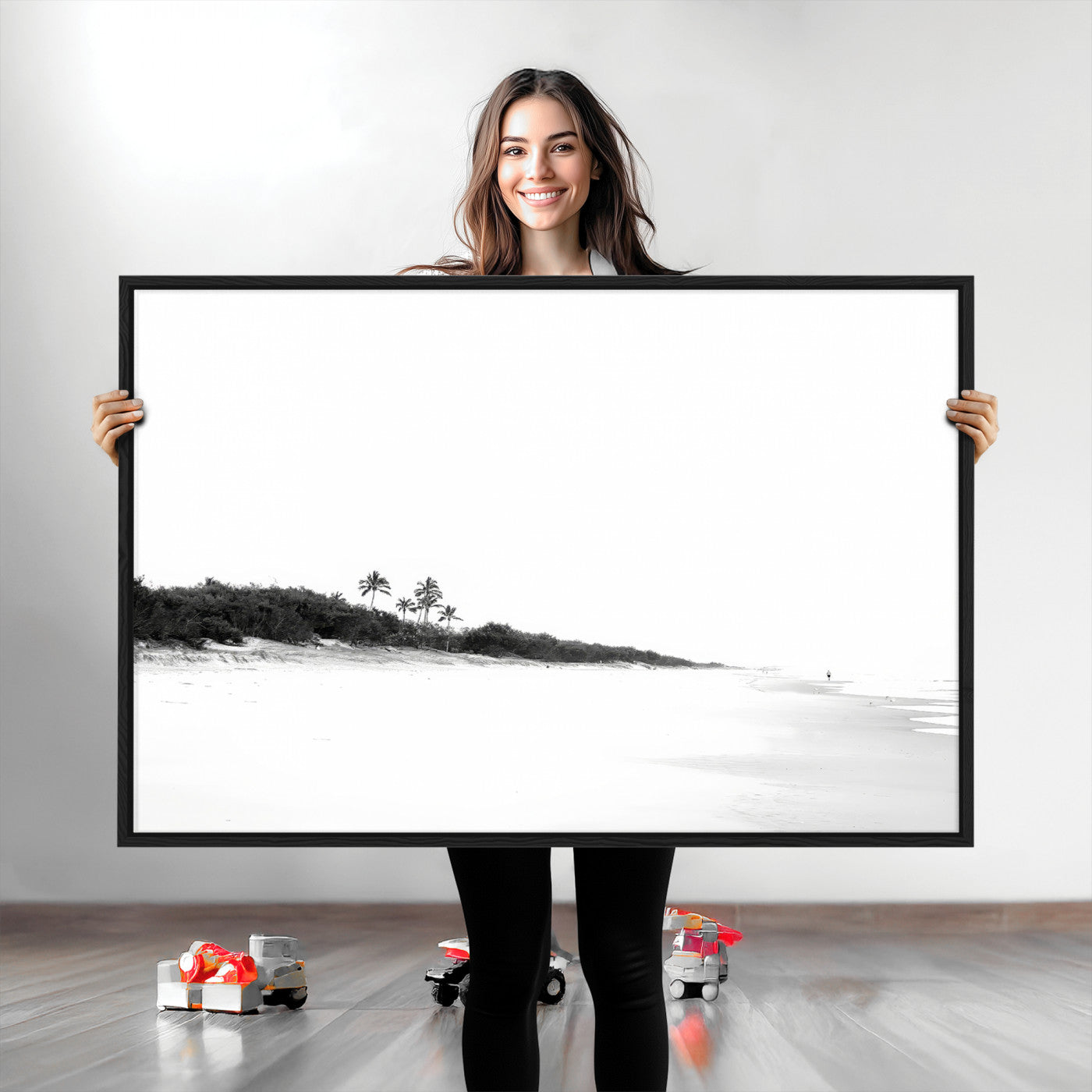 A black and white minimalist coastal scene with a vast open beach, distant palm trees, and a lone figure walking along the shoreline, evoking serenity and solitude.