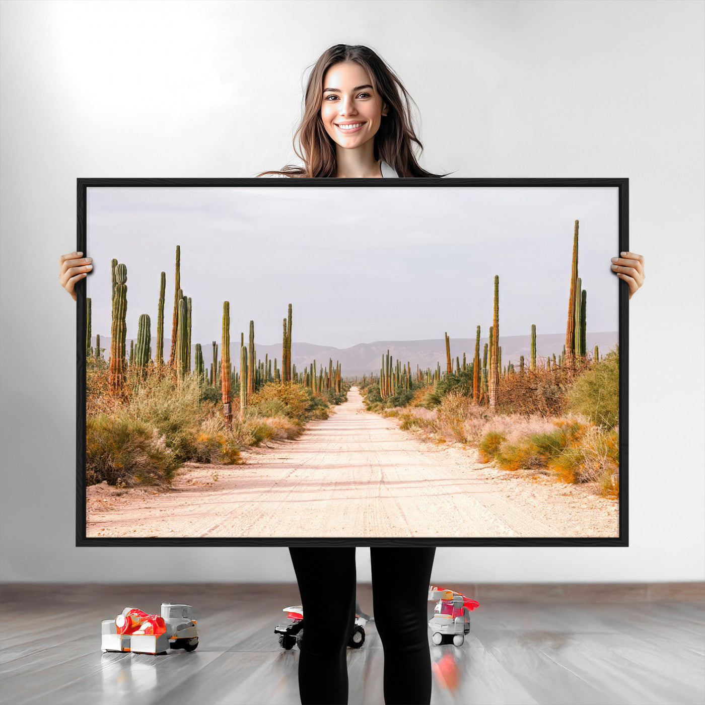 A desert road lined with saguaro cacti under a golden sky, creating a warm southwestern feel, perfect for boho or rustic decor.