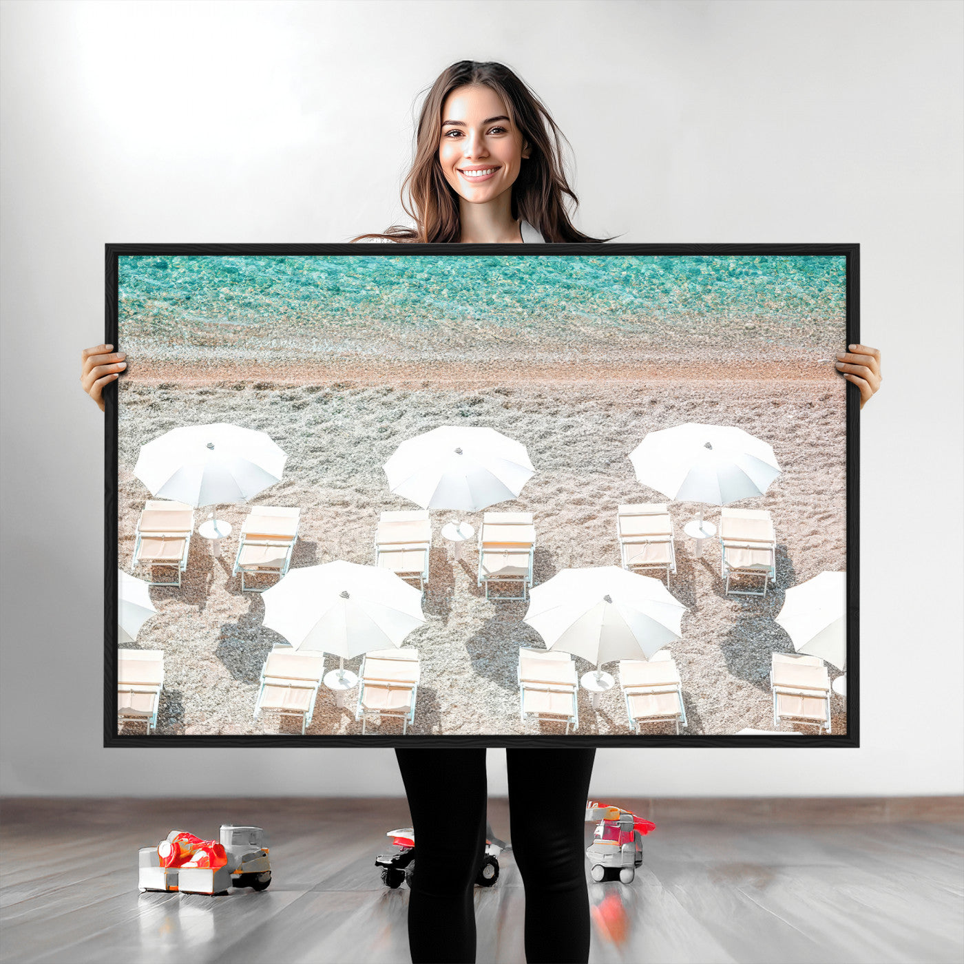 A bright beach scene with white umbrellas, pastel sand, and turquoise waters, creating a tranquil coastal vibe, perfect for beach house or summer decor.