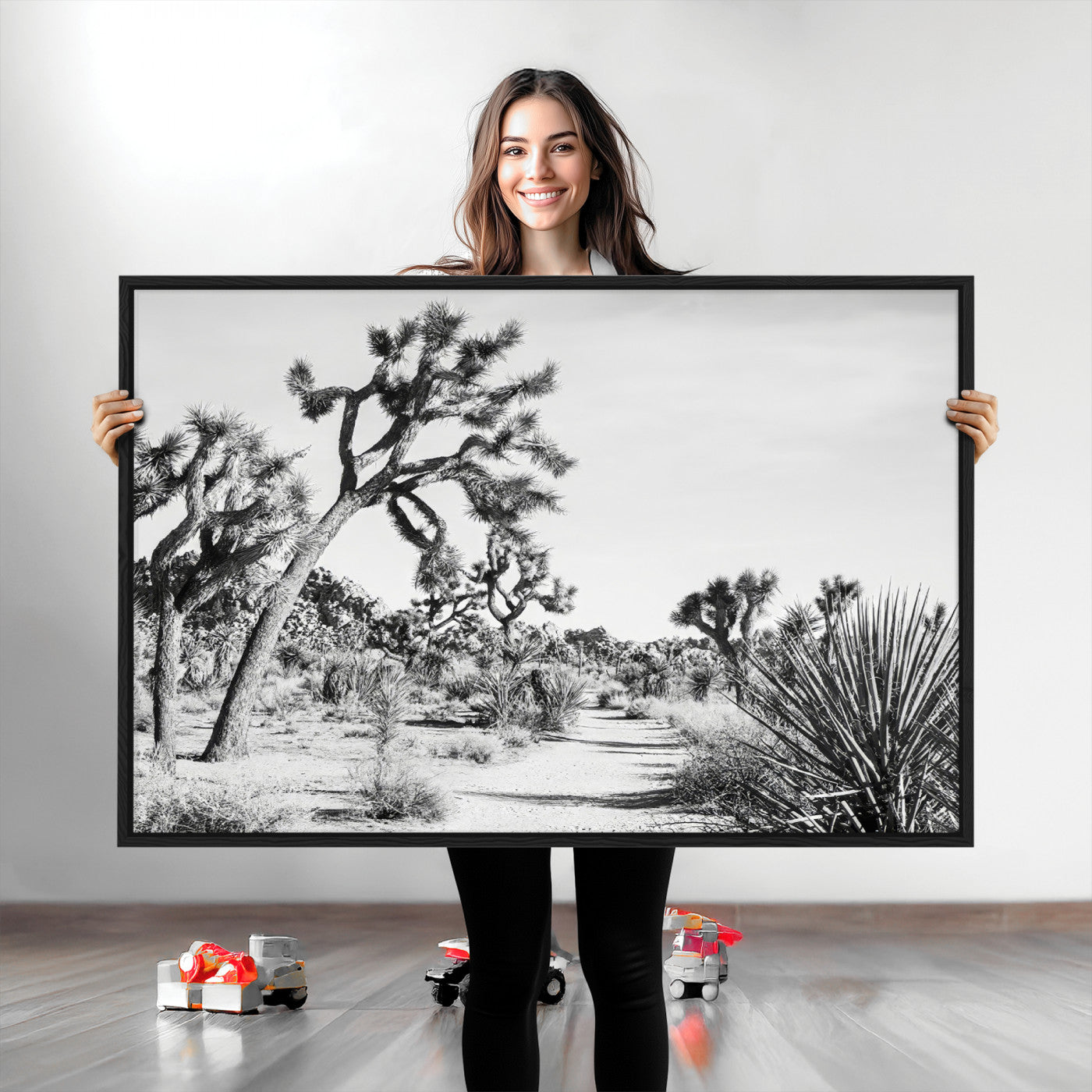 Canvas of a Joshua Tree forest in black and white tones, featuring a desert path and spiky vegetation, ideal for minimalist or rustic decor.