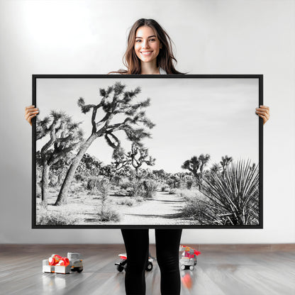Canvas of a Joshua Tree forest in black and white tones, featuring a desert path and spiky vegetation, ideal for minimalist or rustic decor.