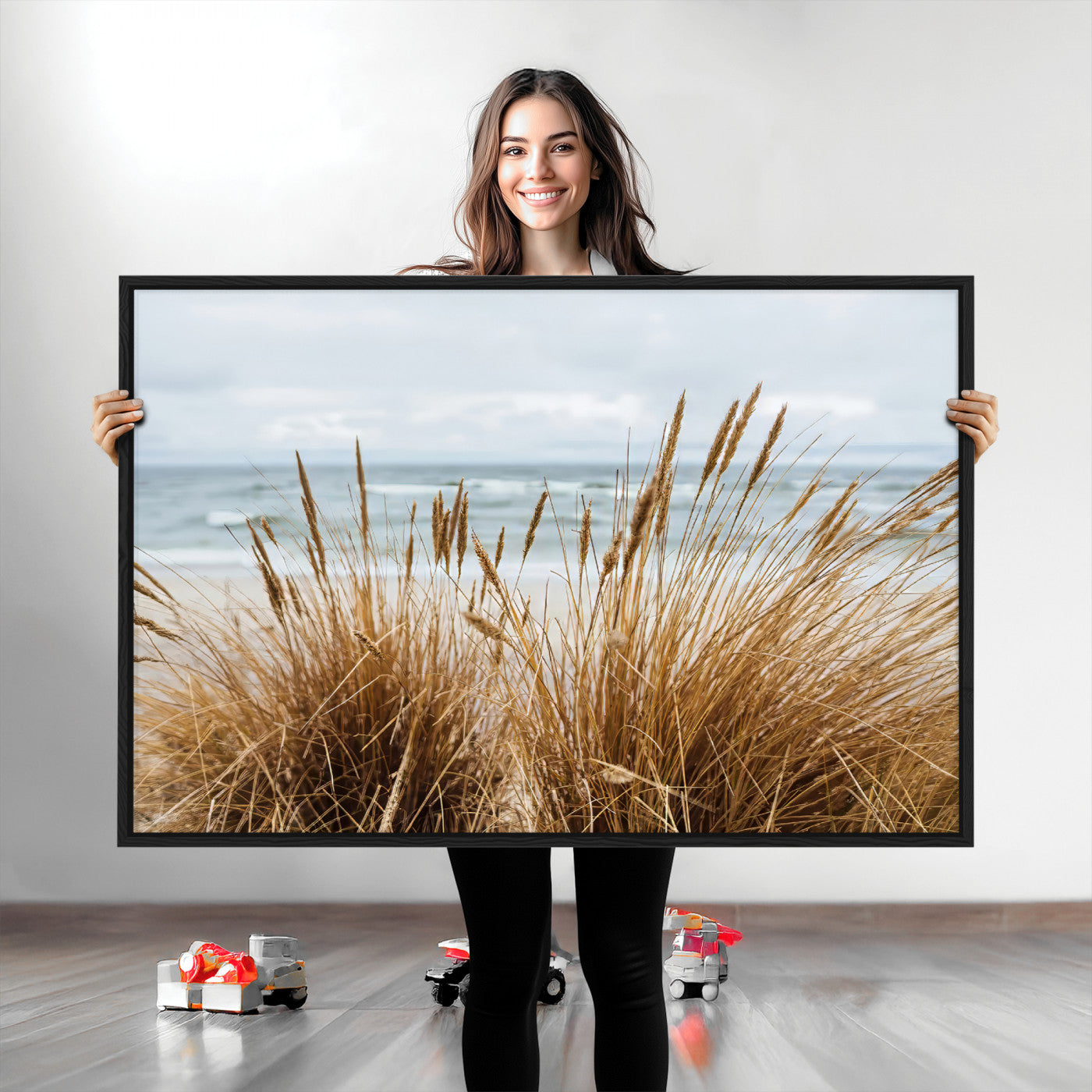 Canvas of golden beach grass swaying by the ocean under a soft cloudy sky, perfect for neutral-toned or coastal minimalist decor.